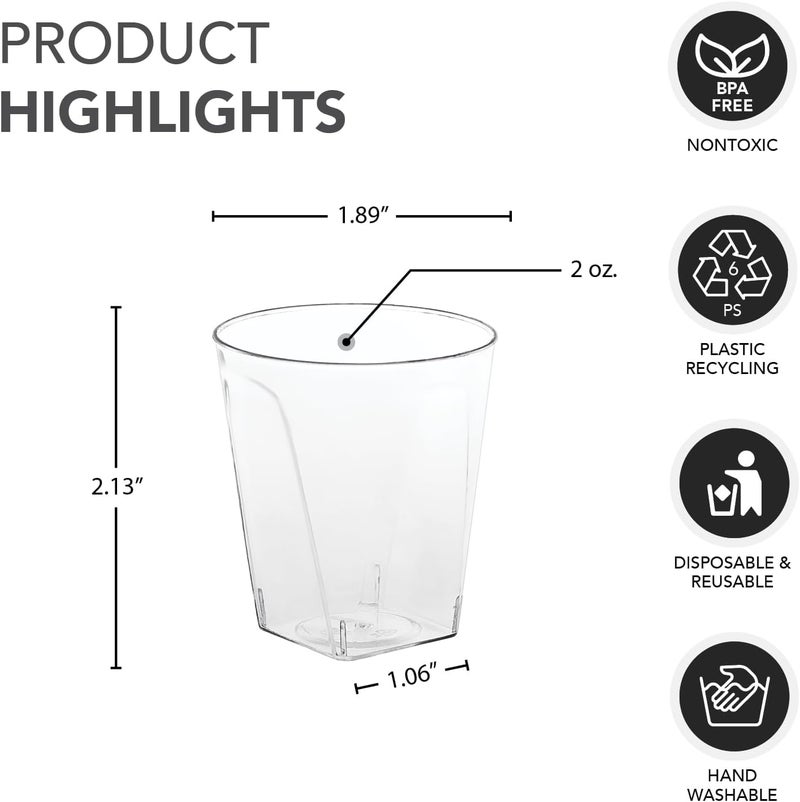Party Essentials Disposable Plastic Cups 2-Ounce Mini Square Shot Glasses, for Wine Tastings, Small Portions, Food Samples, Condiments, Sauces, 120-Count, Clear - Image 1