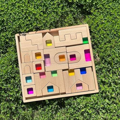 KOAICS 38PCS Wooden Building Blocks Set with Colorful Acrylic Inserts Include Wooden Castles Stairs Arches Educational Construction Toy for Toddlers 38PCS Castle House - Image 1