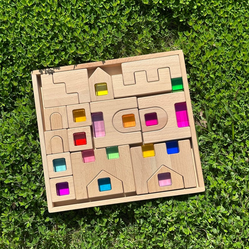 KOAICS 38PCS Wooden Building Blocks Set with Colorful Acrylic Inserts Include Wooden Castles Stairs Arches Educational Construction Toy for Toddlers 38PCS Castle House - Image 3