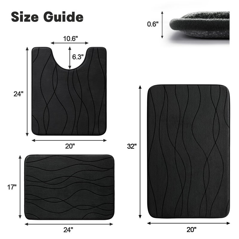 YIHOUSE Memory Foam Black Bathroom Rug Sets 3 Piece, Ultra Absorbent Bath Mat for Bathroom - Non-Slip Machine Washable & Dry Quickly, 3 Piece Bathroom Mat Set, Black - Image 5