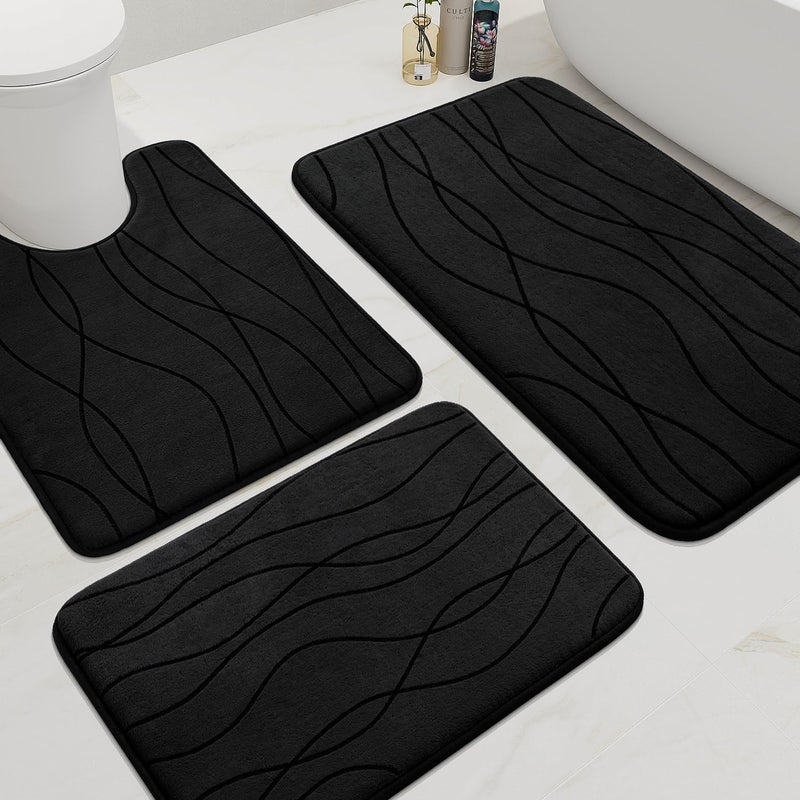YIHOUSE Memory Foam Black Bathroom Rug Sets 3 Piece, Ultra Absorbent Bath Mat for Bathroom - Non-Slip Machine Washable & Dry Quickly, 3 Piece Bathroom Mat Set, Black - Image 1