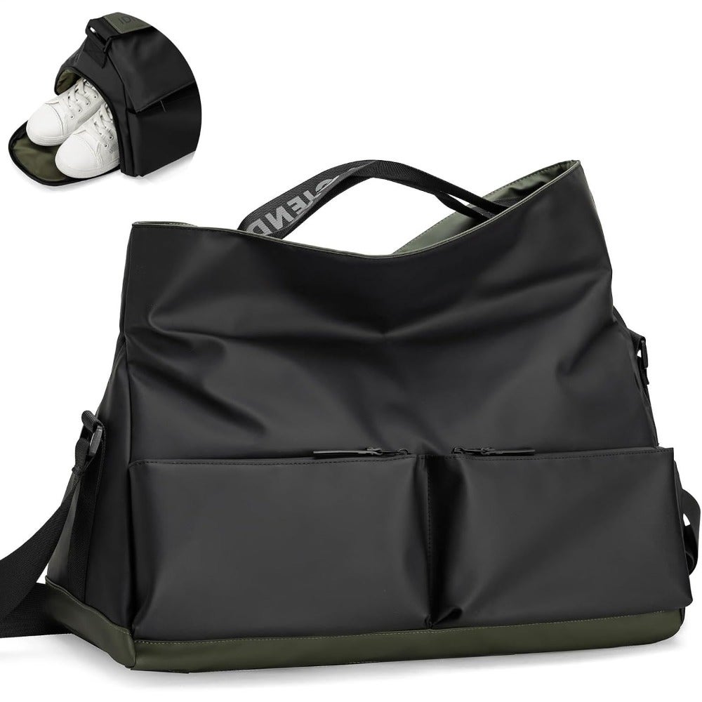 Unisex gym bag for workout, yoga, dance, travel fitness waterproof nylon in black with shoe compartment, wet pocket, lightweight compact design
