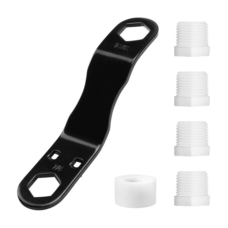 RV Water Heater Drain Plug Kit: 1pc Angled Wrench, 4pcs 1/2" NPT Drain Plugs, 1pc PTFE Tape - Reach Tight Spaces, Remove Rusted Drains for RV Camper Winterization & Leak Repair - Image 1