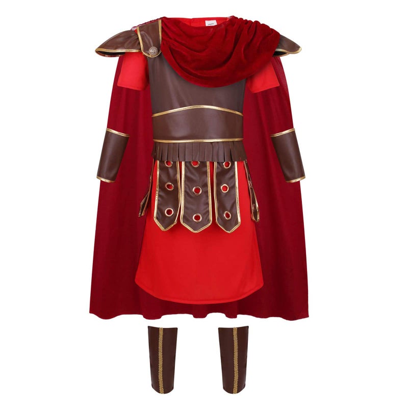 maxToonrain Roman Soldier Costume for Kids Centurion Gladiator Outfit Viking Medieval Greek Historical Theme Role Playing Party - Includes Tunic, Armour, Cape, Arm and Leg Guards (Red, 10-11 Year) - Image 1