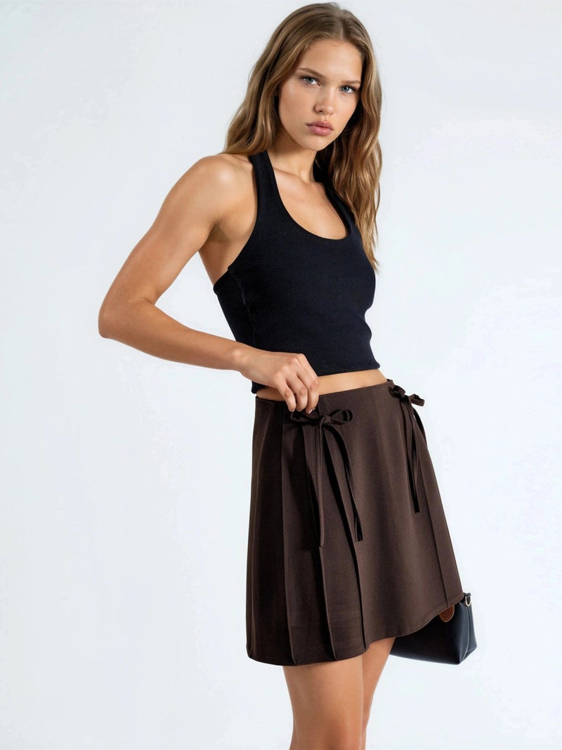 Qustyle QU STYLE High Waist Mini A-Line Skort with Tie Detail - Image 5