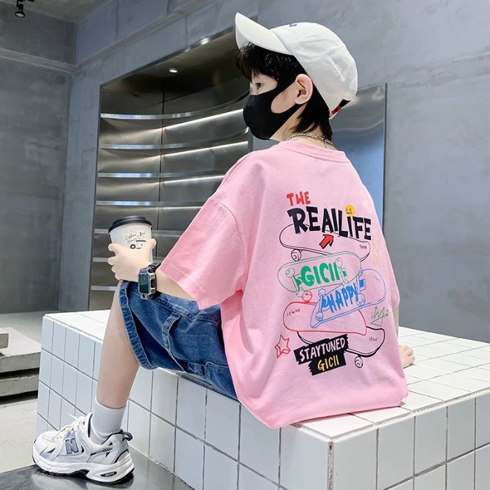 Boys' Short-Sleeved T-Shirt, Pure Cotton, Medium And Large Children'S Summer Clothing, 2026 New Trendy Brand, Summer Boys' White Half-Sleeved Children'S Clothing - Image 1