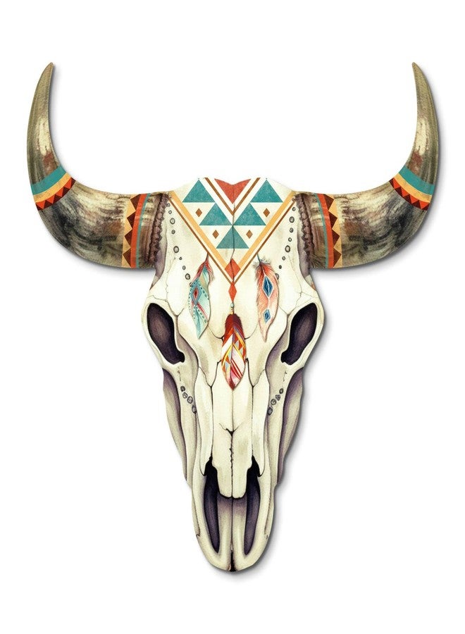 Putuo Decor Boho Bull Skull Wall Art Southwestern Tribal Longhorn Cow Skull Sign with Feathers and Geometric Pattern, Faux Wood Rustic Wall Decor for Living Room RV Bedroom - Image 1