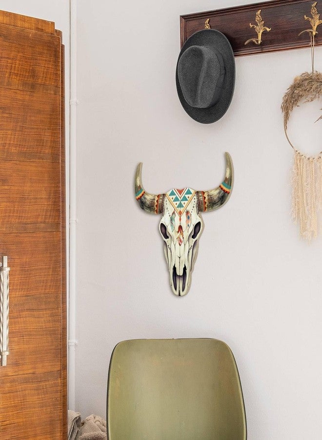 Putuo Decor Boho Bull Skull Wall Art Southwestern Tribal Longhorn Cow Skull Sign with Feathers and Geometric Pattern, Faux Wood Rustic Wall Decor for Living Room RV Bedroom - Image 4