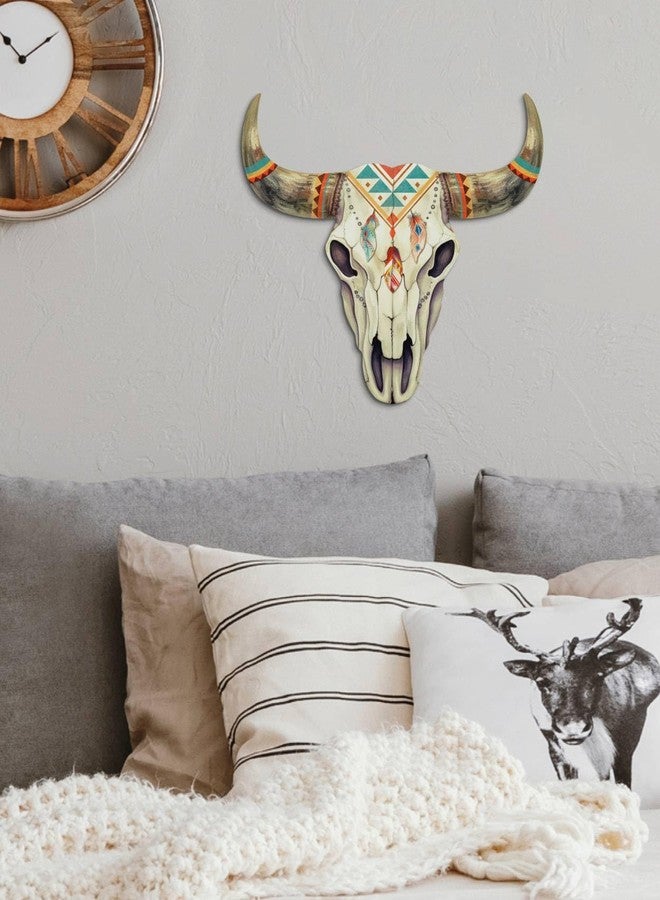 Putuo Decor Boho Bull Skull Wall Art Southwestern Tribal Longhorn Cow Skull Sign with Feathers and Geometric Pattern, Faux Wood Rustic Wall Decor for Living Room RV Bedroom - Image 5