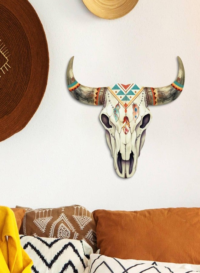 Putuo Decor Boho Bull Skull Wall Art Southwestern Tribal Longhorn Cow Skull Sign with Feathers and Geometric Pattern, Faux Wood Rustic Wall Decor for Living Room RV Bedroom - Image 3