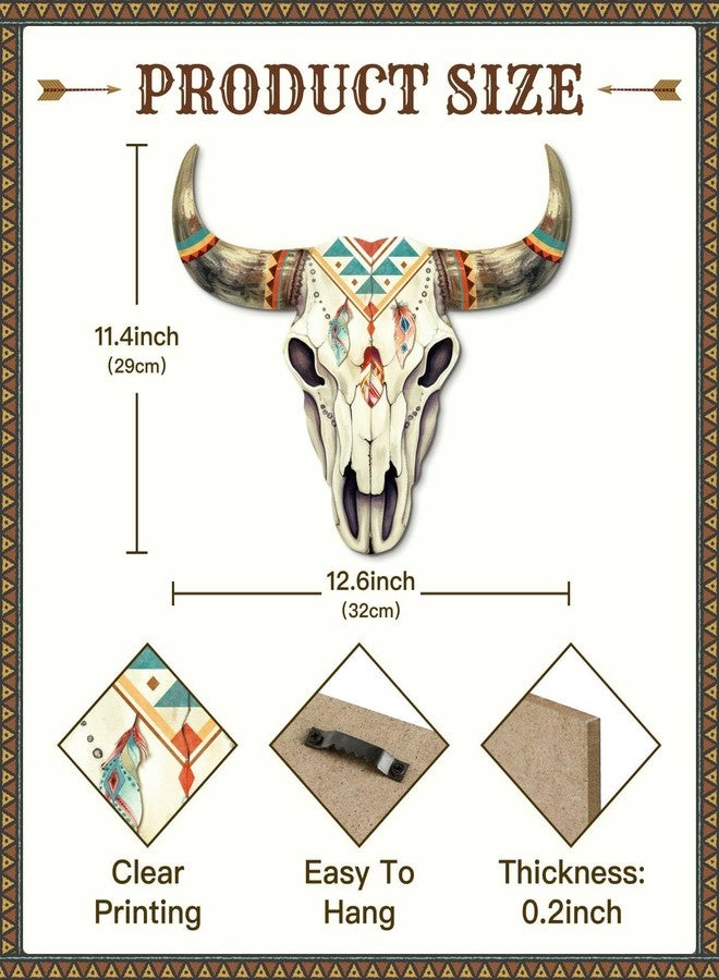 Putuo Decor Boho Bull Skull Wall Art Southwestern Tribal Longhorn Cow Skull Sign with Feathers and Geometric Pattern, Faux Wood Rustic Wall Decor for Living Room RV Bedroom - Image 2