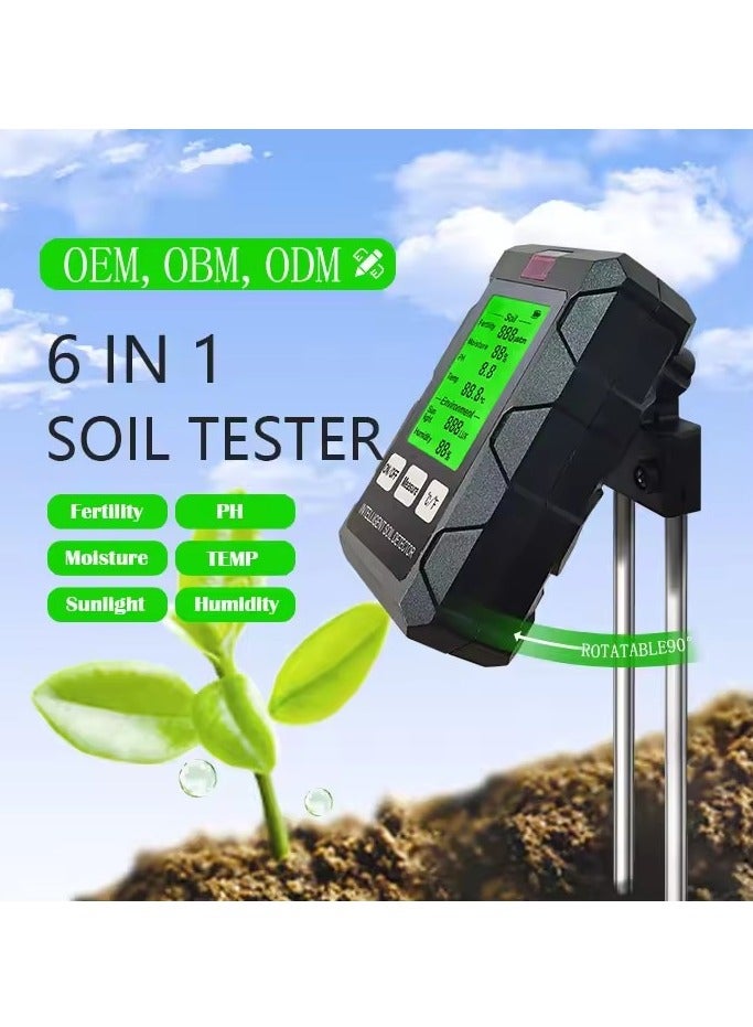 EVEREEN 6-in-1 Soil Tester Meter with LCD Display - Battery Powered Gardening Tool for pH, Light, Moisture, Fertility, Temperature, and Air Humidity - No Battery Included, Operating Voltage ≤36V, pH Range 2-14, for Garden, Lawn, Farm - Image 1