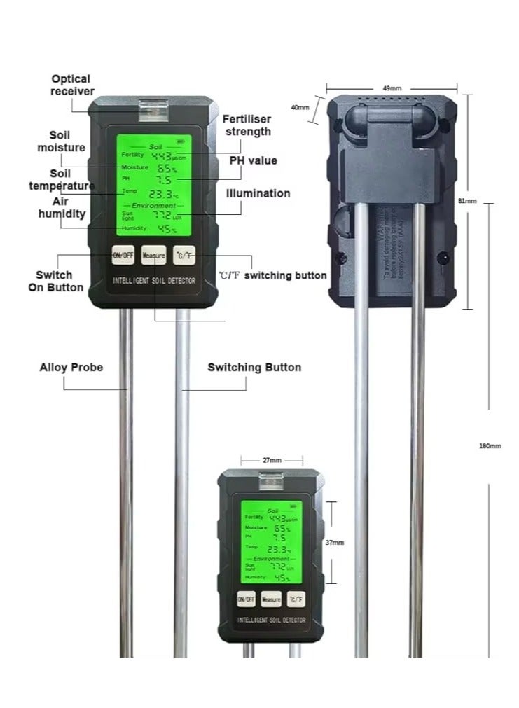 EVEREEN 6-in-1 Soil Tester Meter with LCD Display - Battery Powered Gardening Tool for pH, Light, Moisture, Fertility, Temperature, and Air Humidity - No Battery Included, Operating Voltage ≤36V, pH Range 2-14, for Garden, Lawn, Farm - Image 3
