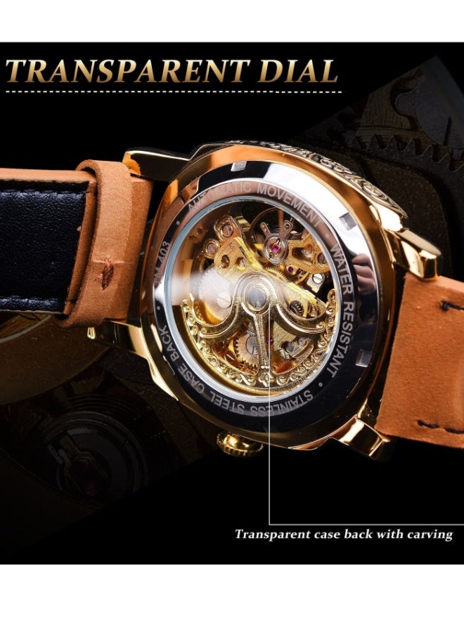 فورسينينج Automatic Mechanical Skeleton Watch for Men's, Gold-Tone Case, Brown Leather Strap, Roman Numeral Display, waterproof, Luxury and moderen Style - Image 5