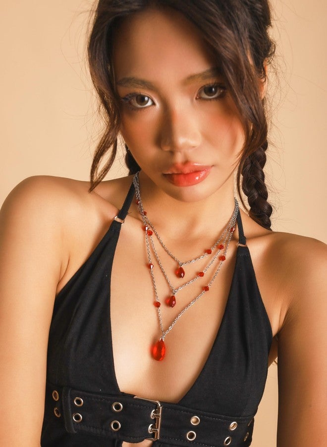 Sacina Layered Red Teardrop Choker, One Size, Titanium Steel, No Gemstone - Image 3
