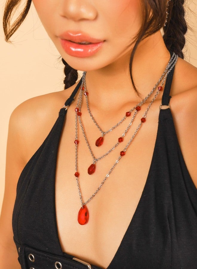 Sacina Layered Red Teardrop Choker, One Size, Titanium Steel, No Gemstone - Image 2