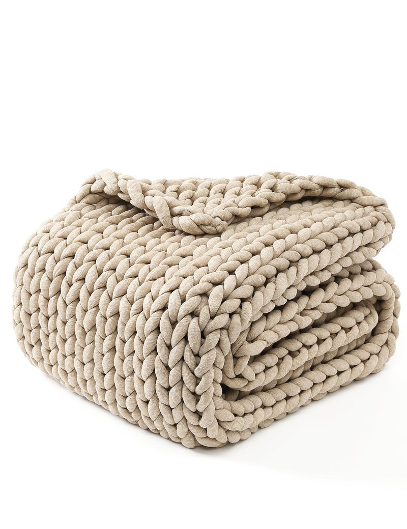YnM Chunky Throw Blanket, Medium-Weight, Hand Knitted, Skin Friendly, Ventilated and Breathable, Machine Washable, Home DÃ©cor Piece for Couch, Sofa and Bed (Beige, 50x70 Inch) - Image 1