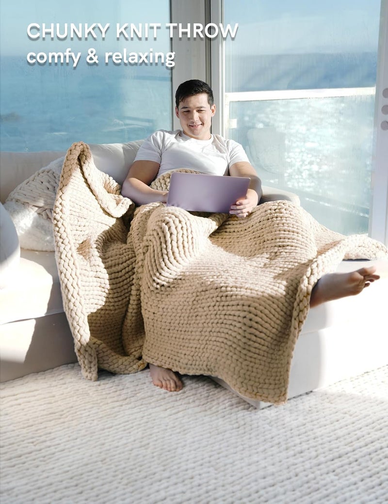 YnM Chunky Throw Blanket, Medium-Weight, Hand Knitted, Skin Friendly, Ventilated and Breathable, Machine Washable, Home DÃ©cor Piece for Couch, Sofa and Bed (Beige, 50x70 Inch) - Image 4
