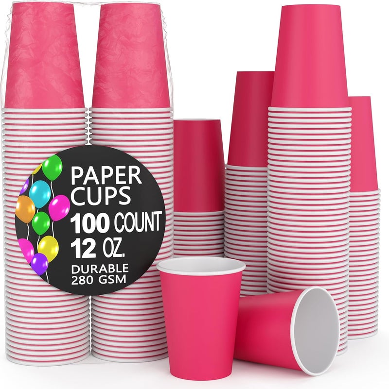 Party Solids Cerise Paper Cups 12 oz Durable Disposable Cups 100 Paper Tumblers for Hot Drinks and Cold Drinks Thick 280 GSM Hot Cup for Tea & Coffee Cup To Go Fun Colors for Parties & Events - Image 1