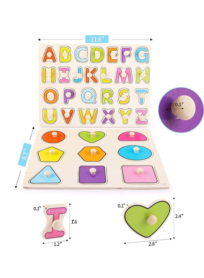 2Pcs Wooden Puzzles for Toddlers Wooden Peg Alphabet Number Shape Puzzles Toddler Learning Puzzle Toys for Kids 1 to 3 Years Old Boys Girls 3 in 1 Montessori Early Education Puzzle for Toddlers - Image 3