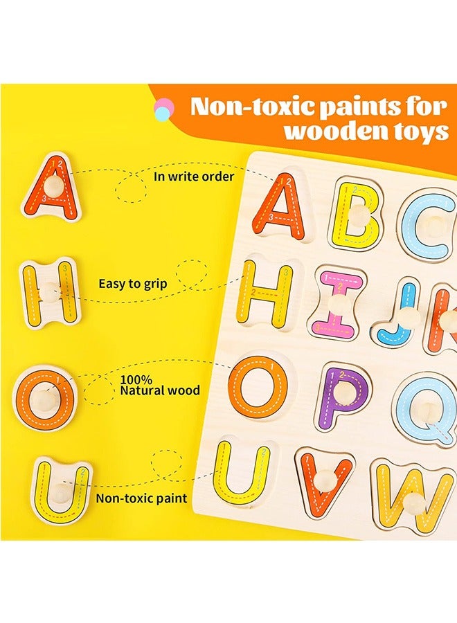 2Pcs Wooden Puzzles for Toddlers Wooden Peg Alphabet Number Shape Puzzles Toddler Learning Puzzle Toys for Kids 1 to 3 Years Old Boys Girls 3 in 1 Montessori Early Education Puzzle for Toddlers - Image 2