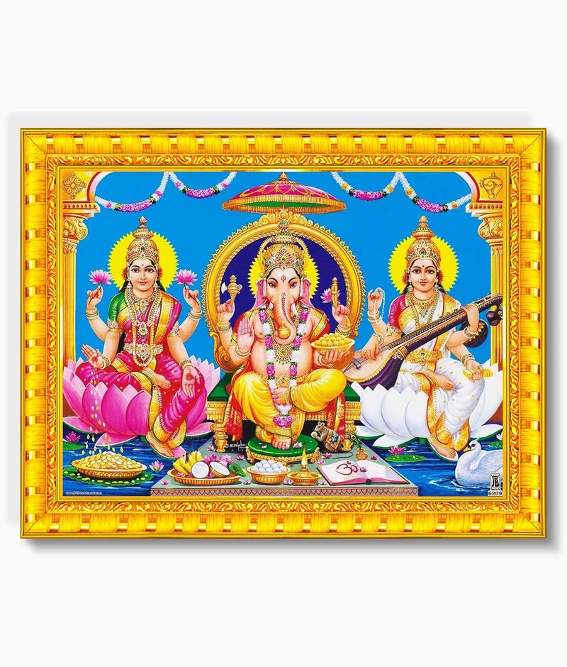 Pavan Photo Laminations Pavan Photo Laminations Lakshmi Devi Ganesha Saraswati Ganesh Hanging Wall Painting Framed Home Decor WoodMatteGoldSmall Size6 x 8 Inch R384S 