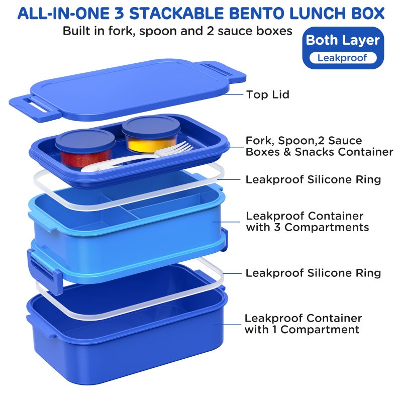 DaCool Bento Box Adults Lunch Container - 74 OZ Stackable Leakproof Bento Lunch Box for Adults Men Boys Teens Large Lunch Box Containers with Fork Spoon Sauce Boxes for Work School Dining Out, Blue - Image 2