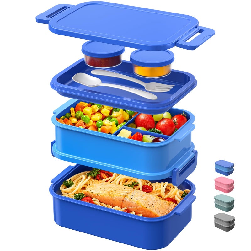 DaCool Bento Box Adults Lunch Container - 74 OZ Stackable Leakproof Bento Lunch Box for Adults Men Boys Teens Large Lunch Box Containers with Fork Spoon Sauce Boxes for Work School Dining Out, Blue - Image 1