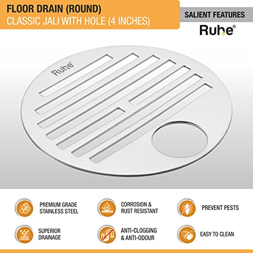 Ruhe Classic Round Floor Drain | Premium Grade Stainless Steel | Classic Round Jali with Hole | Hinged Grating Top Floor Drainer/Jali | 4 Inches | Silver - Image 3