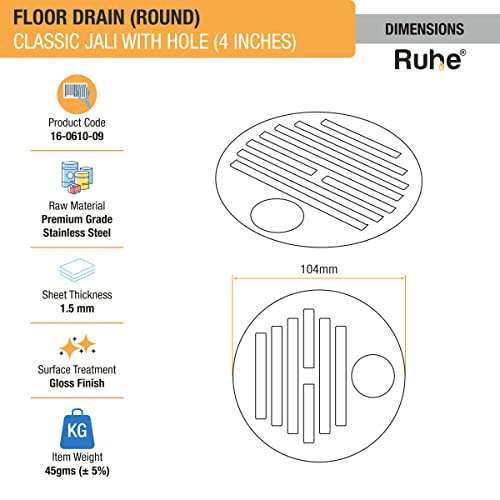 Ruhe Classic Round Floor Drain | Premium Grade Stainless Steel | Classic Round Jali with Hole | Hinged Grating Top Floor Drainer/Jali | 4 Inches | Silver - Image 2