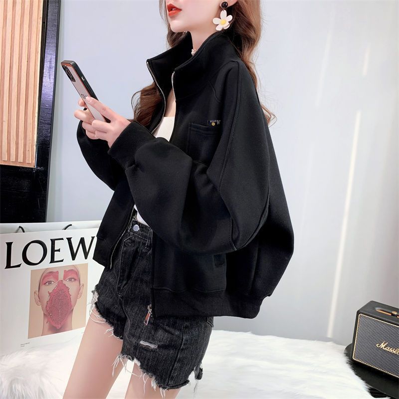 2024 New Short Jacket Zip-Up Hoodie for Women Spring Autumn Black 9481 [Spring and Autumn New]]