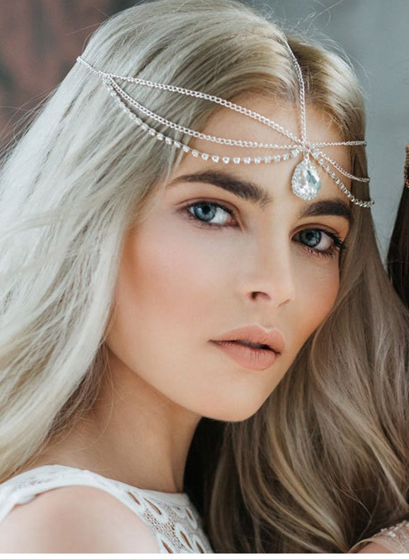 أوزيغالور سلسلة رأس نسائية ساحرة نسائية، إكسسوارات شعر للنساء، زفاف العروس، (فضي) - Image 1