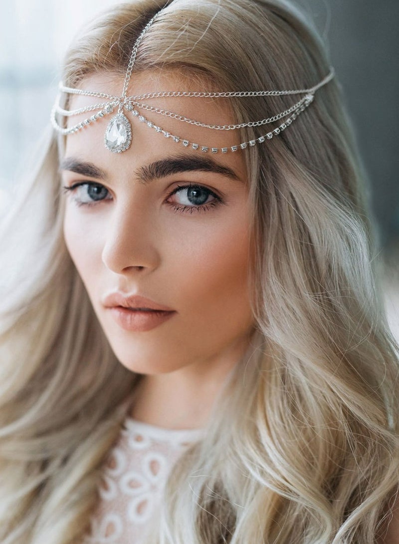 أوزيغالور سلسلة رأس نسائية ساحرة نسائية، إكسسوارات شعر للنساء، زفاف العروس، (فضي) - Image 2