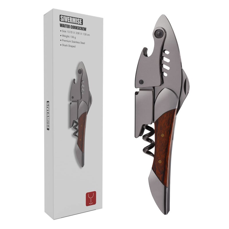 SIVERMISE Waiters Corkscrew, Wine Bottle Opener, Heavy Duty Stainless Steel, Rosewood Handle, Shark Shaped Wine Key, Gift for Waiters, Bartenders, Sommelier - Image 2