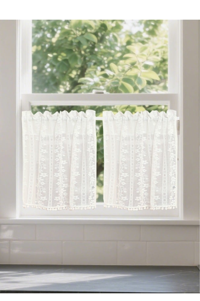 ستائر القهوة الدانتيل الأبيض 48 سم طول مجموعات من 2 ، فوق حوض ستائر المطبخ القصيرة لنافذة صغيرة شير للحمام نوافذ مجلس الوزراء غرفة الغسيل ديكور - Image 1