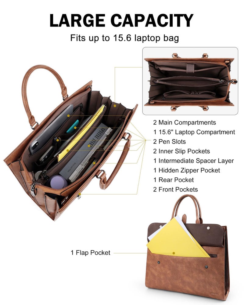 FADEON Leather Briefcase for Women, Designer 15.6 inch Laptop Bag, Tote Shoulder Handbag for Teacher Busniess Work Brown - Image 5