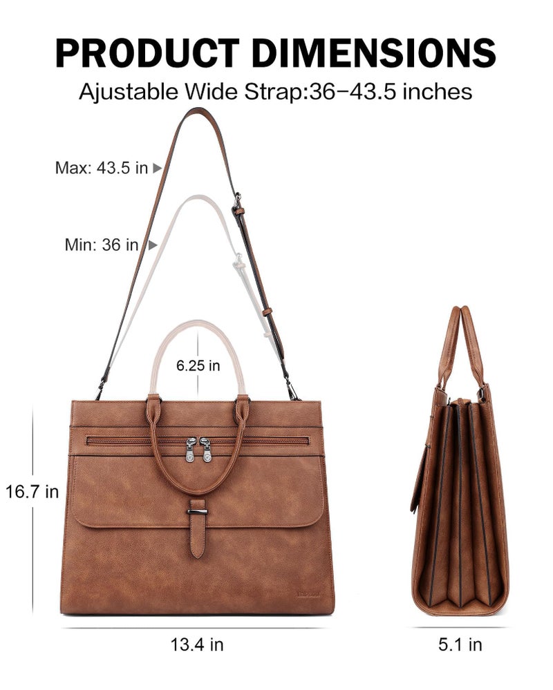 FADEON Leather Briefcase for Women, Designer 15.6 inch Laptop Bag, Tote Shoulder Handbag for Teacher Busniess Work Brown - Image 4