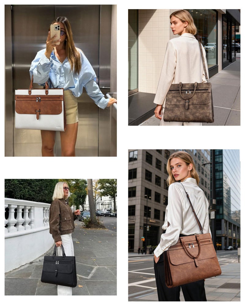 FADEON Leather Briefcase for Women, Designer 15.6 inch Laptop Bag, Tote Shoulder Handbag for Teacher Busniess Work Brown - Image 2