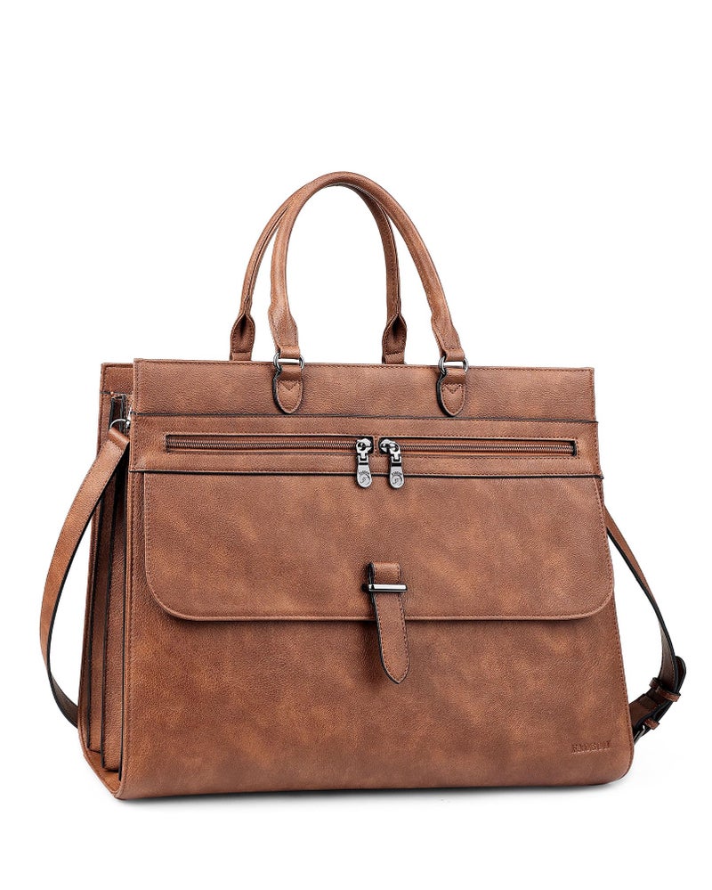 FADEON Leather Briefcase for Women, Designer 15.6 inch Laptop Bag, Tote Shoulder Handbag for Teacher Busniess Work Brown - Image 1