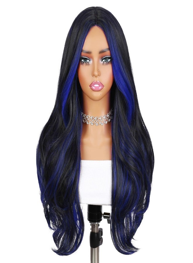 Quantum Love Long Curly Blue Wig for Women 28 Inch Long Wavy Wigs Black Mix Blue Natural Looking Synthetic Fashion Color Hair for Cosplay Halloween Daily - Image 2