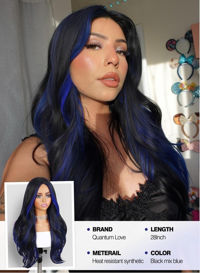 Quantum Love Long Curly Blue Wig for Women 28 Inch Long Wavy Wigs Black Mix Blue Natural Looking Synthetic Fashion Color Hair for Cosplay Halloween Daily - Image 4