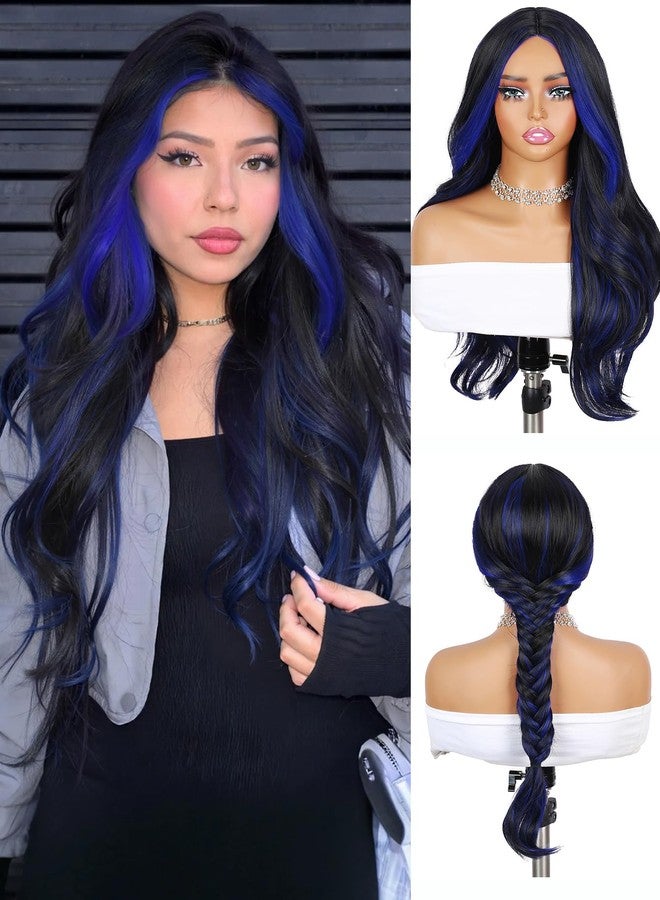 Quantum Love Long Curly Blue Wig for Women 28 Inch Long Wavy Wigs Black Mix Blue Natural Looking Synthetic Fashion Color Hair for Cosplay Halloween Daily - Image 1