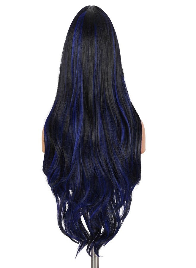Quantum Love Long Curly Blue Wig for Women 28 Inch Long Wavy Wigs Black Mix Blue Natural Looking Synthetic Fashion Color Hair for Cosplay Halloween Daily - Image 3