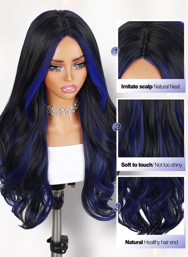Quantum Love Long Curly Blue Wig for Women 28 Inch Long Wavy Wigs Black Mix Blue Natural Looking Synthetic Fashion Color Hair for Cosplay Halloween Daily - Image 5
