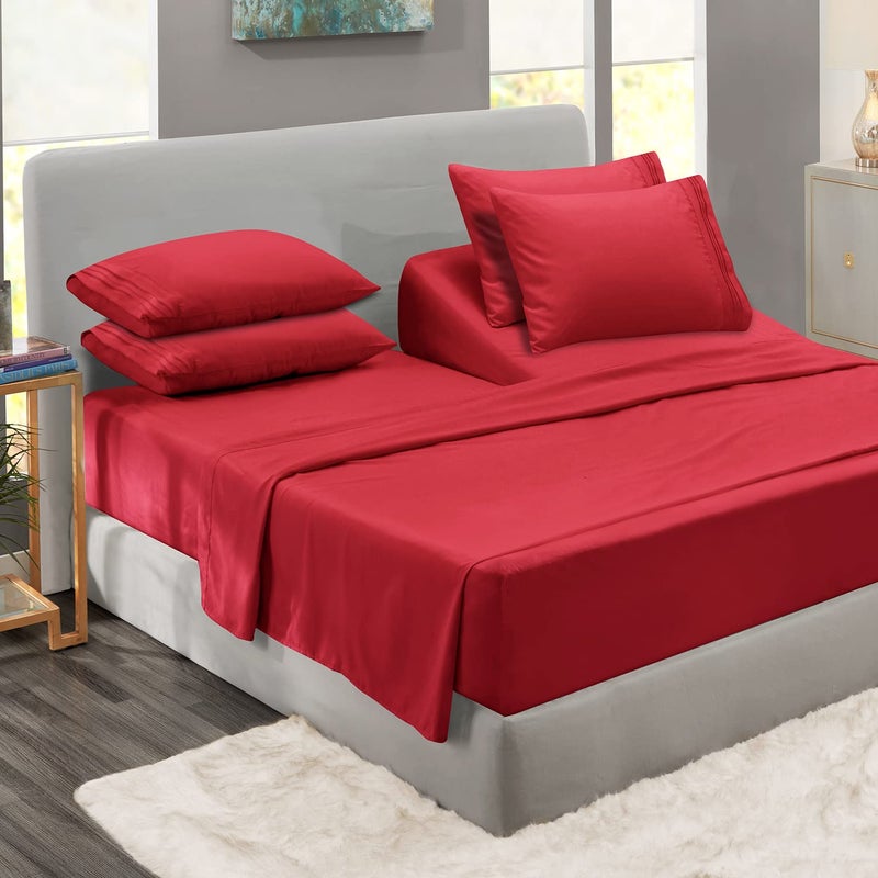 Clara Clark Clara Clark Flex Top King Sheets 6 Piece Set  Hotel Luxury Sheets for Top Split King Bed Super Soft Bedding Set Head Split King Burgundy Red 
