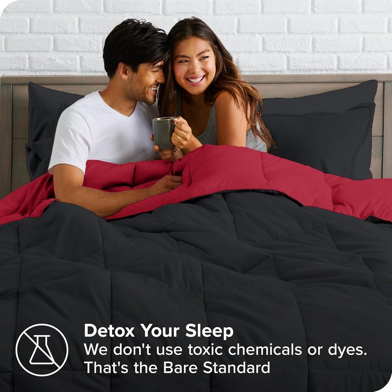 Full Bed Set - 5 Pieces - Comforter 225 * 235,Fitted Sheet 180 * 200, Pillowcase 45 * 180, 2 Pillow Cases 50 * 70 - Elegant and Practical Two Tone Tone Matching Set (Black & Red) - Image 2