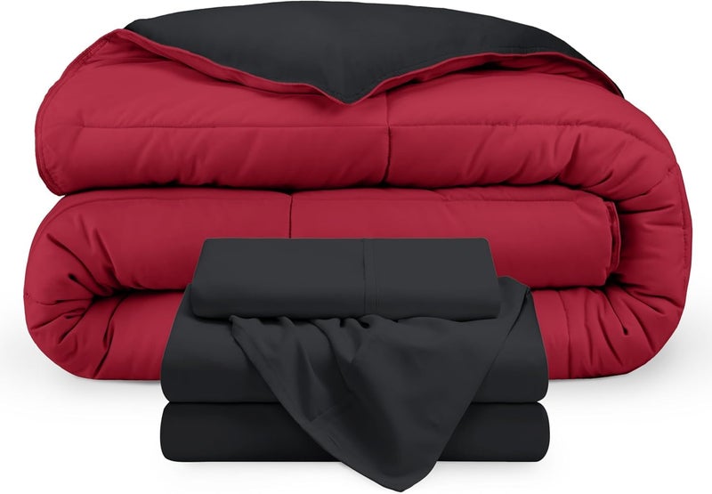 Full Bed Set - 5 Pieces - Comforter 225 * 235,Fitted Sheet 180 * 200, Pillowcase 45 * 180, 2 Pillow Cases 50 * 70 - Elegant and Practical Two Tone Tone Matching Set (Black & Red) - Image 1