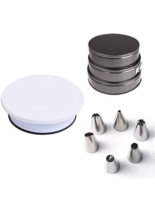 svk dream SVK Dream Cake Decoration Tools with Full Rotating Round Table 3 Cake Mould and 6 Nozzle Tip 