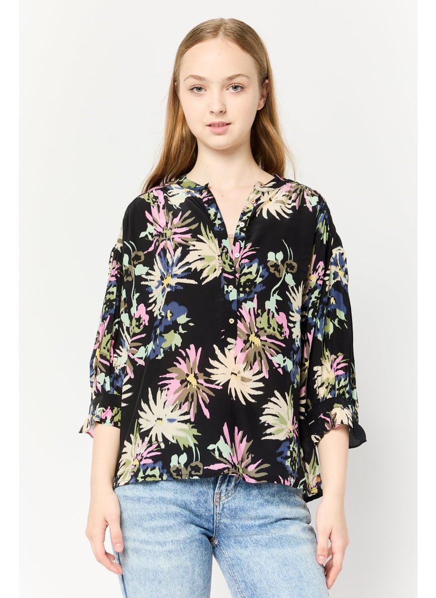 Scotch & Soda Women Band Collar 3/4 Sleeves Allover Print Blouse, Multicolor  - Image 1