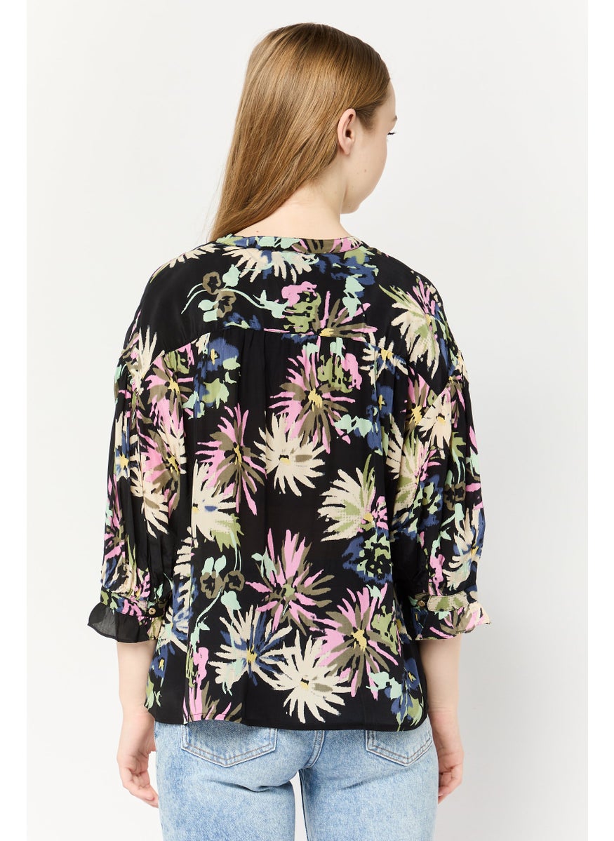Scotch & Soda Women Band Collar 3/4 Sleeves Allover Print Blouse, Multicolor  - Image 4